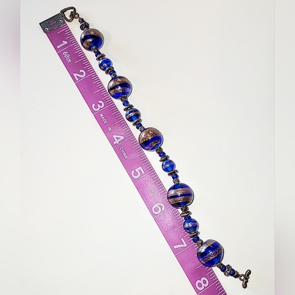 COBALT BLUE COPPER GLITTER STRIPED LAMPWORK BEAD BRACELET - EXTRA LONG - Picture 4 of 5